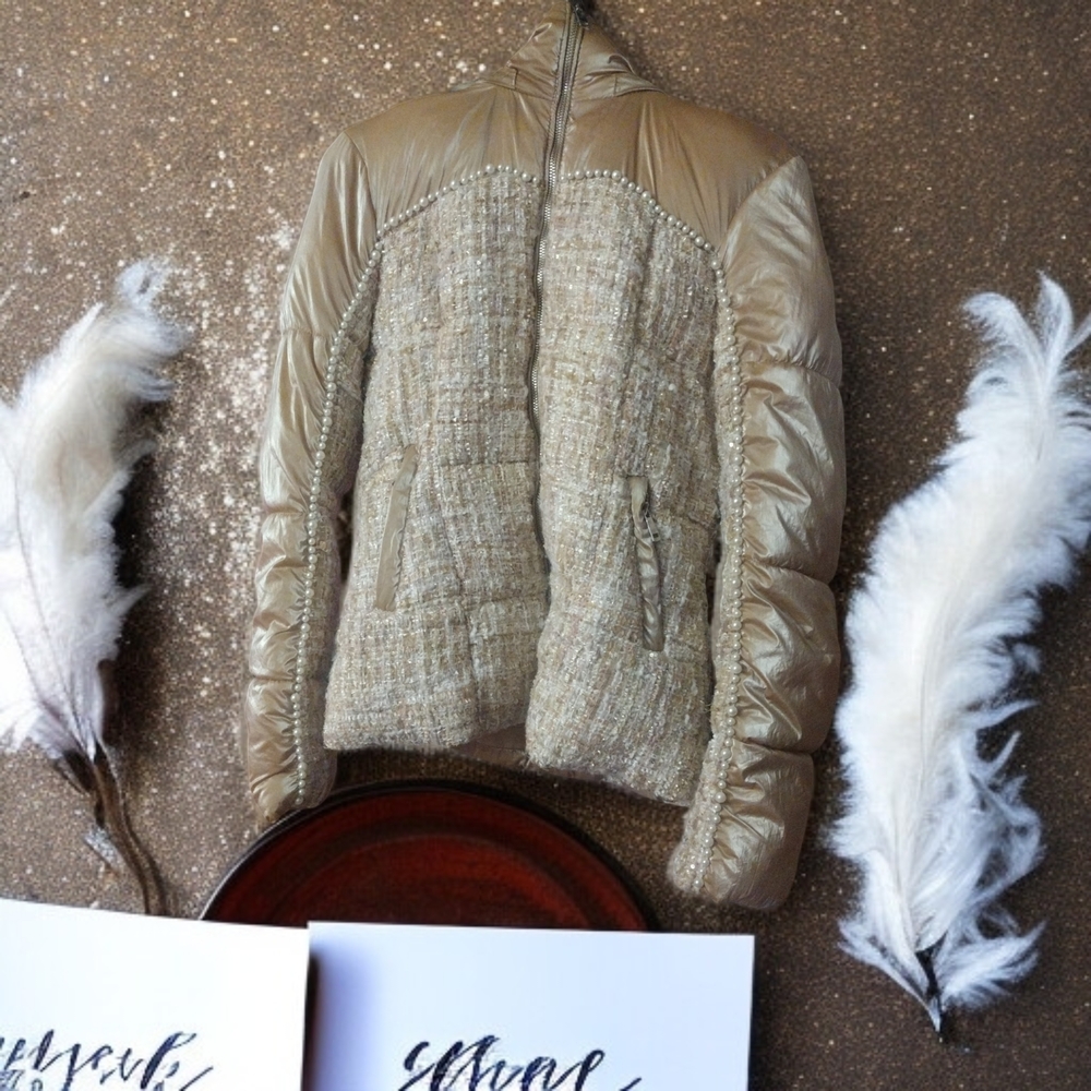 LA Coalition Tweed Puffer Pearl Metallic Evening Spring Winter Glam Coat